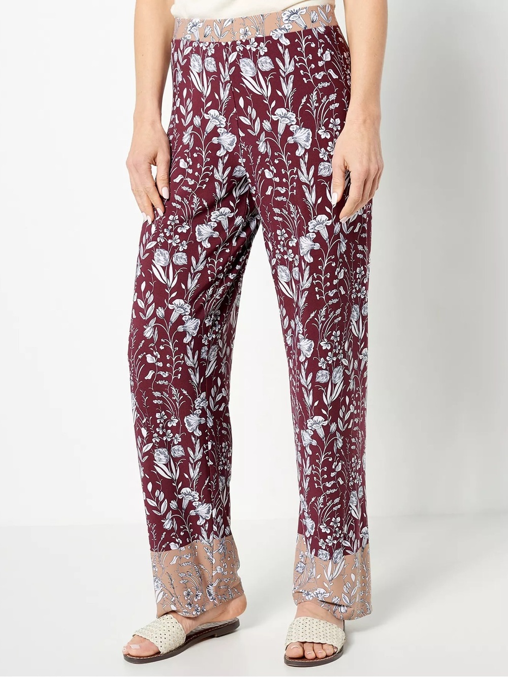 Susan Graver Burgundy Floral Wide-Leg Pants with Contrast Hem